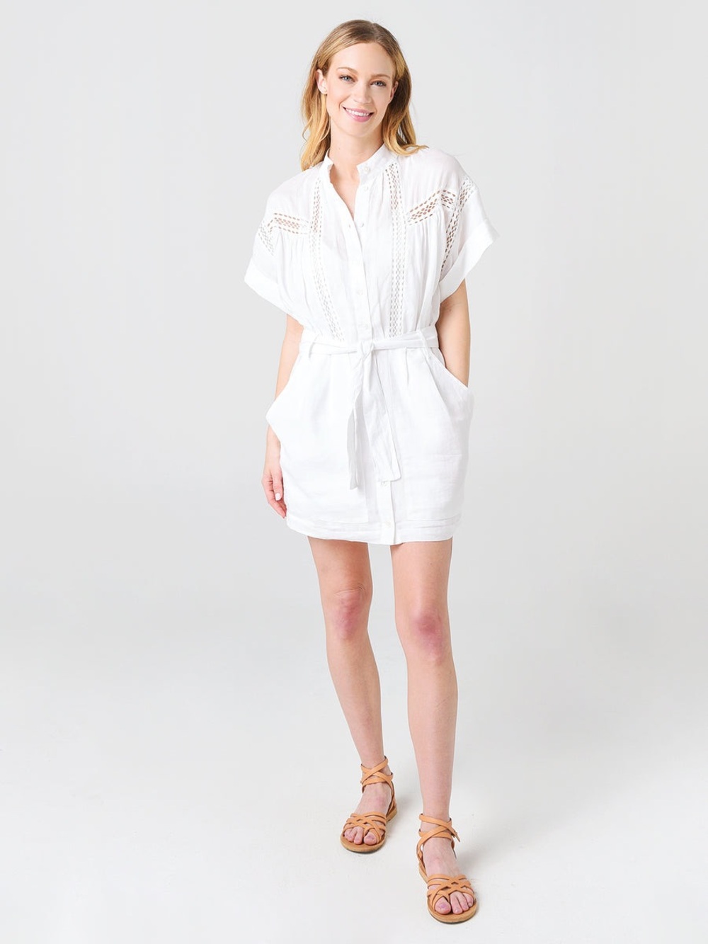 Frame women’s twisted White Eyelet Tie-Waist Mini Dress.